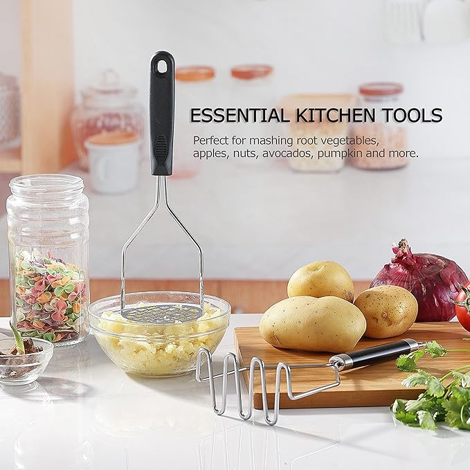 2PCS Potato Masher, OLULU Heavy Duty Stainless Steel Mashed Potatoes Masher, Masher Kitchen Tool for Avocado, Potatoes, Beans, Meat, Vegetables, 10.24inch, Dishwasher Safe