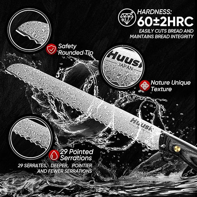 Huusk Damascus Serrated Bread Knife for Homemade Bread, VG10 Serrated Knife with Wide Wavy Edge, Tomato Slicer knife with Wooden Handle for Sourdough Baguette Sandwich,Birthday Dad Mom Gift