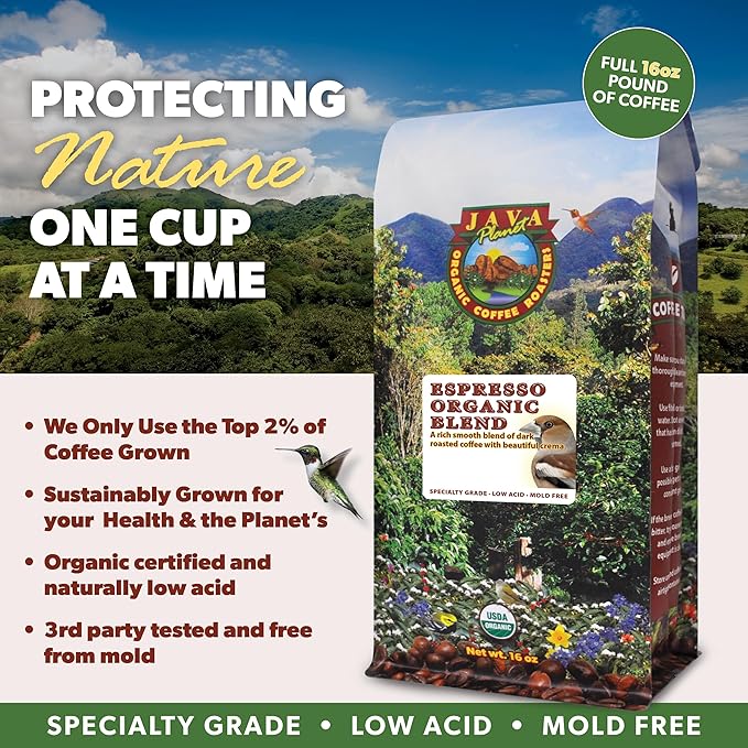 Low Acid Organic Coffee – Whole Bean, Mold-Free & Stomach Friendly by Java Planet, Espresso Blend Coffee, Dark Roast, Smooth Full Flavored, 1LB Bag