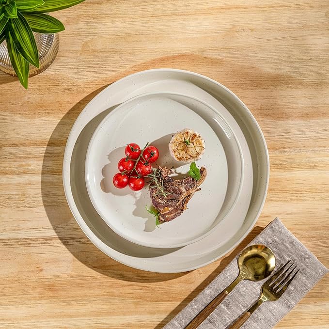 AmorArc Ceramic Dinnerware Sets for 8, 24 Pieces Handpainted Plates and Bowls Set with Rustic Terracotta Underside, Scratch Resistant Stoneware Dishes Set, Dishwasher & Microwave Safe, Light Beige