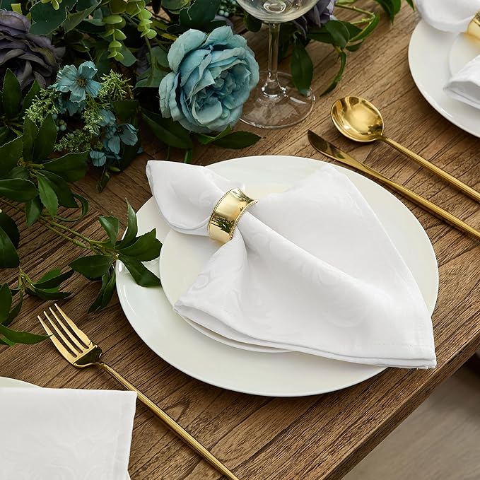 Newbridge Barcelona Luxury Damask Fabric Tablecloth, 70” Round, White, 100% Polyester, No Iron, Soil Resistant Dining Room, Party and Banquet Table Cover
