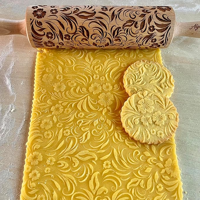 Embossing Rolling Pin VERONICA with Elegant Bloom Pattern – Dough and Clay Roller for Embossed Cookies and Pottery - Cookie and Ceramic Stamp - Baking Gifts for Women by Algis Crafts