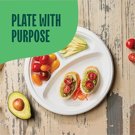 100% Compostable Paper Plates 10 Inch Bulk [500 Count] Heavy-Duty Dinner Plates with Compartments - Natural White Color Bagasse - Eco-Friendly Disposable Biodegradable Sugarcane - [Case 4/125 Pack]