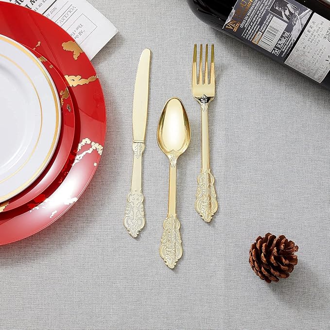 N9R 300pcs Gold Plastic Silverware Dinnerware Flatware- Heavyweight Plastic Cutlery Set, 100 Forks, 100 Spoons, 100 Knives, Gold Utensils for Party, Thanksgiving, Christmas